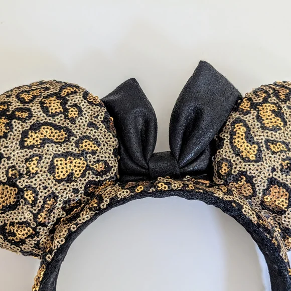 Disney Leopard Print Minnie Mouse Ears Headband With Black Lame Bow - Picture 4 of 7